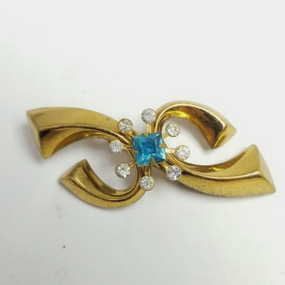 Vintage Retro Gold Tone Blue Rhinestone Brooch, 40s Style Design, Funky Retro - Picture 6 of 6